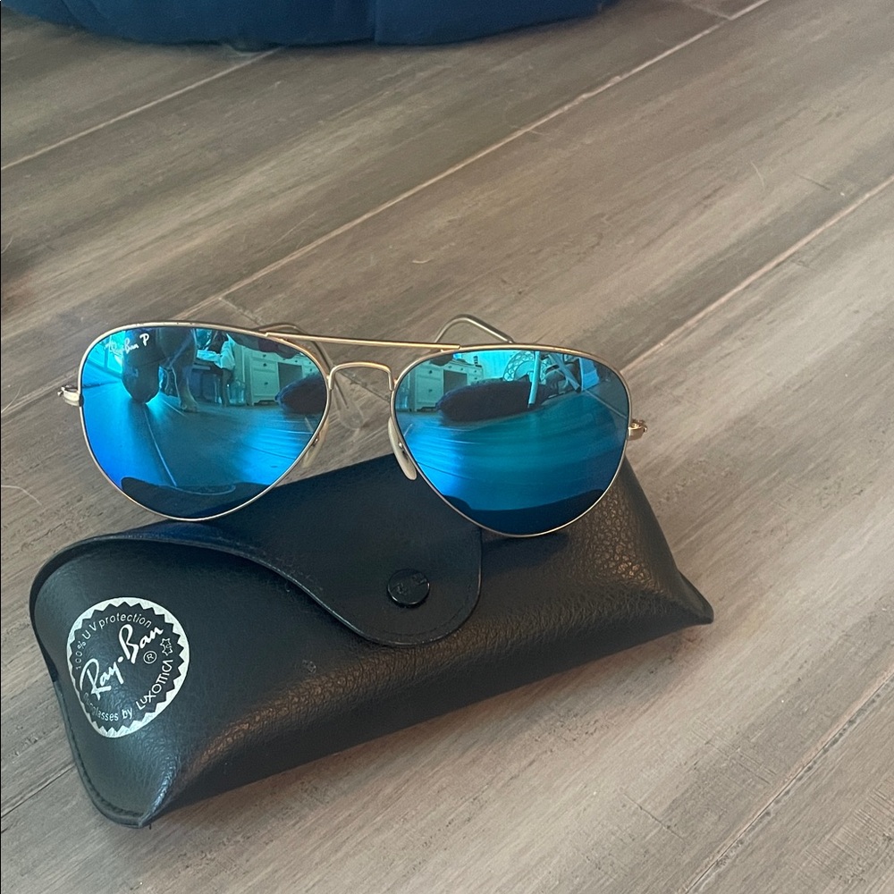 Ray-Ban Polarized Aviator Sunglasses with Reflective Blue Lenses